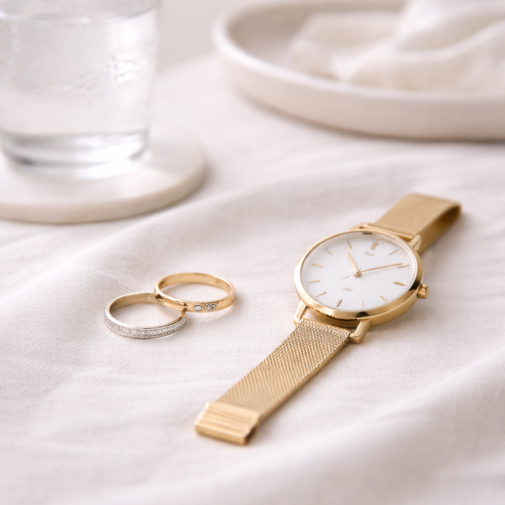 얼굴·손발 붓기 같은 부종 증상을 은유적으로 표현한 반지와 시계 정물