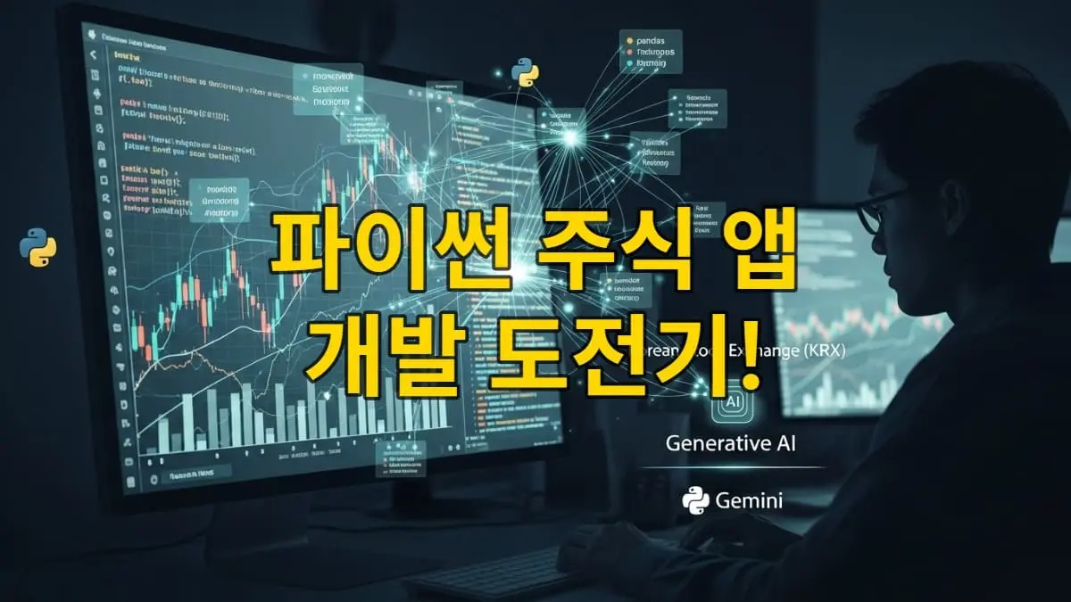 파이썬으로 KRX 및 제미나이 API를 활용하여 주식 시장 데이터를 분석하는 맞춤형 앱 개발 과정을 나타내는 이미지.