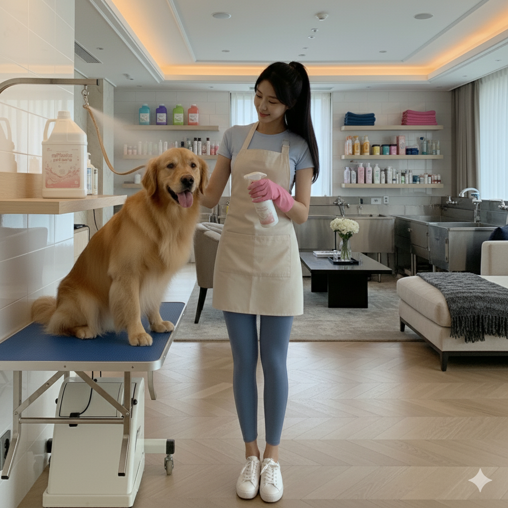 전문 펫샵에서 골든 리트리버를 케어하는 전문가. 삼양플라스틱의 m4000 대용량 펫 케어 용기와 sp500 스프레이를 사용하고 있다