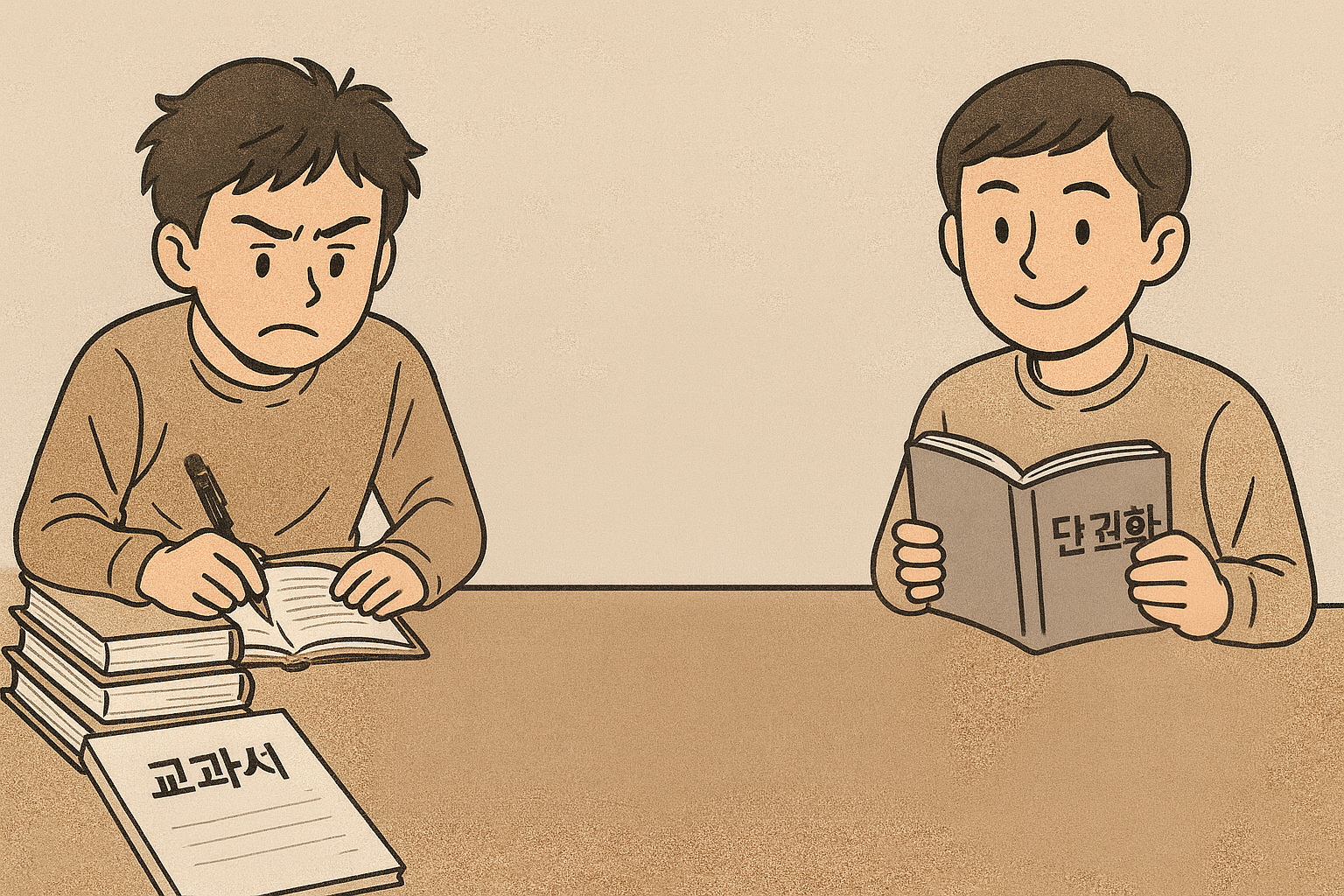 여러 책으로 공부하는 학생과 '단권화'한 책 한권으로 공부하는 학생의 모습을 그린 그림