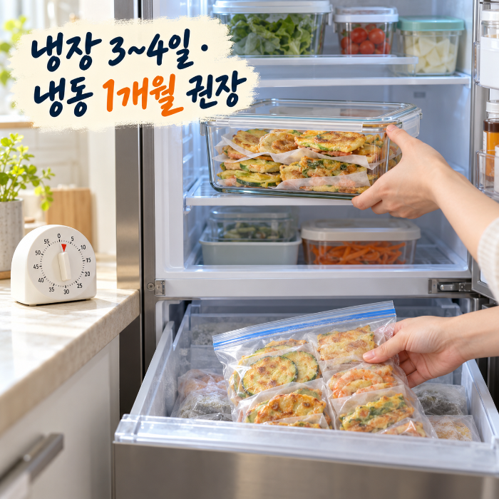 남은 전을 밀폐용기와 지퍼백에 소분해 냉장&middot;냉동 보관하는 모습