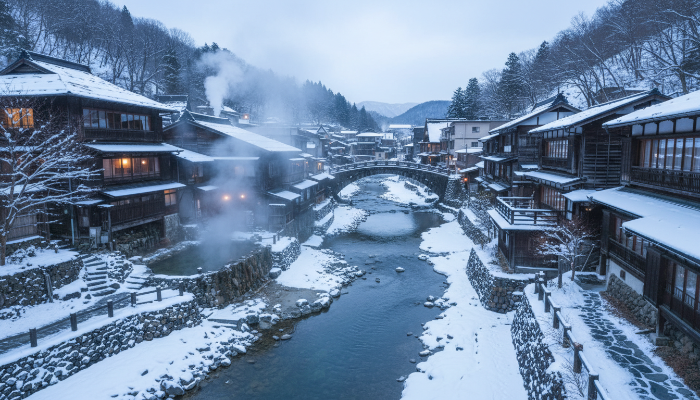 눈 덮인 지붕과 온천 수증기가 어우러진 평화로운 구로카와 온천 마을 전경