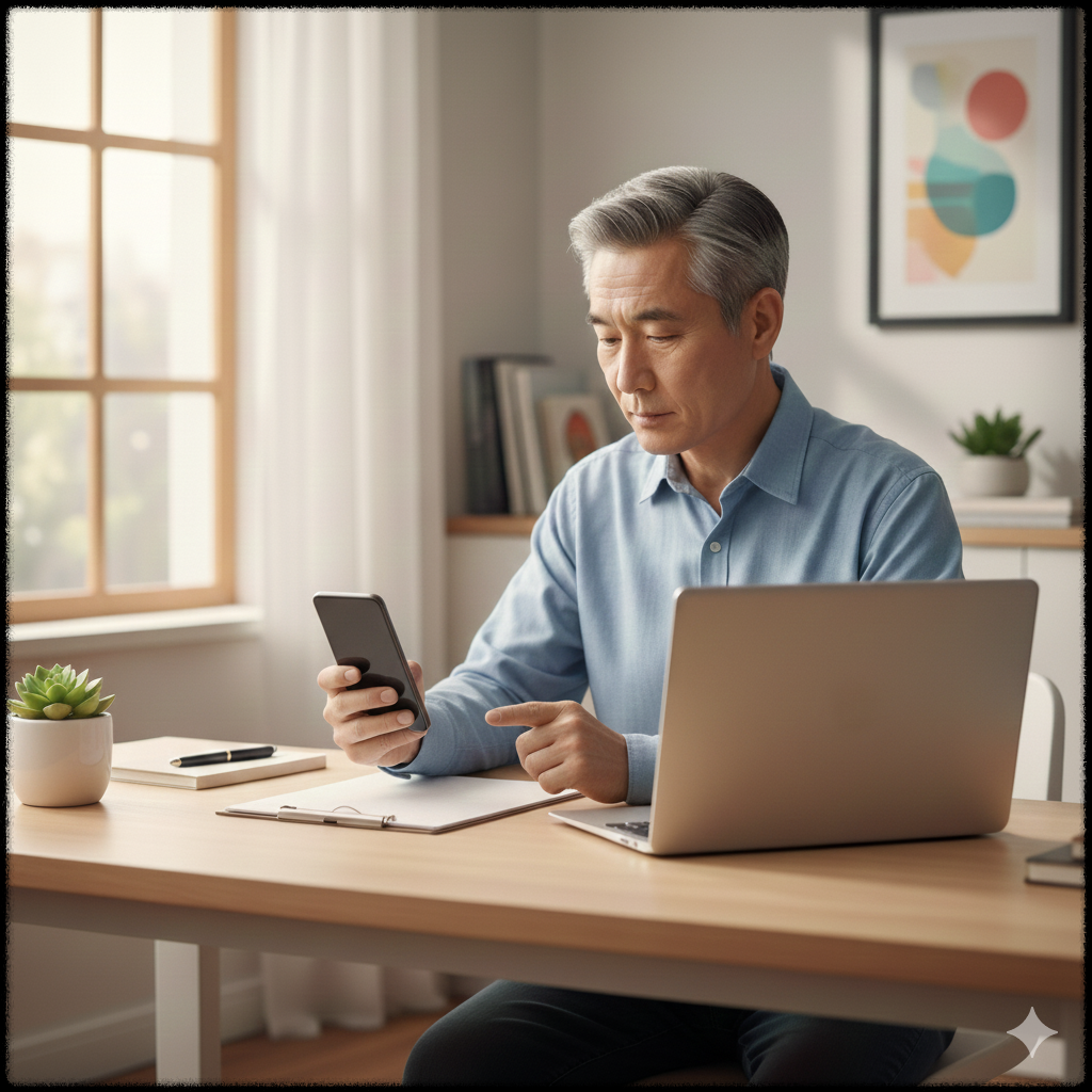 노트북과 스마트폰을 함께 사용해 영상 편집을 하는 모습