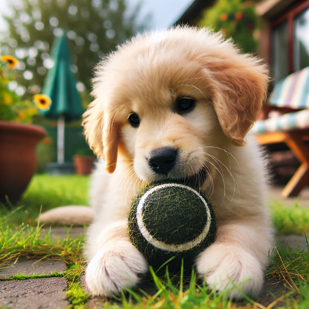 마당에서 공을 물고있는 새끼 강아지