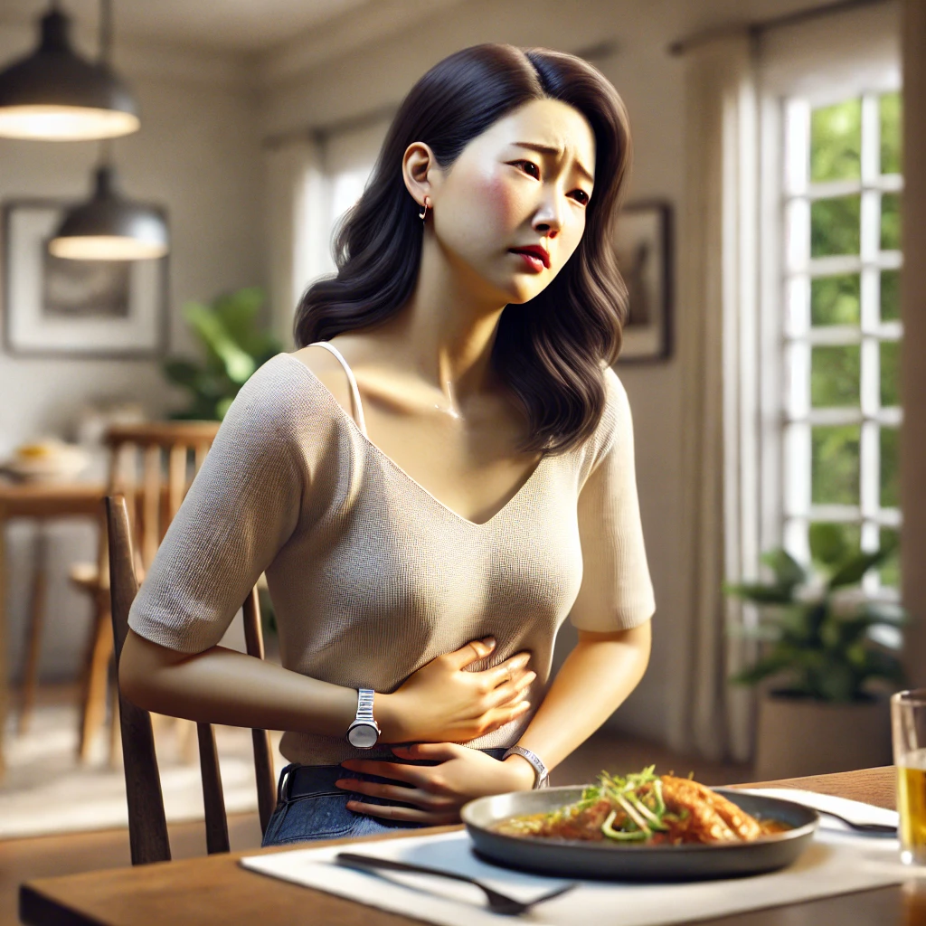 음식을 먹고 배를 움켜쥐며 불편함을 느끼는 한국인 여성. 소화 불량과 복통을 표현하는 장면