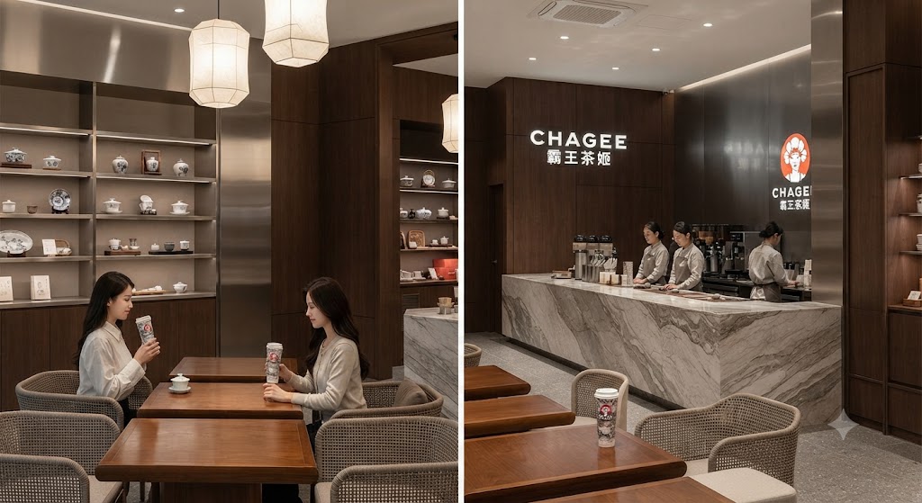 은은한 간접 조명과 따뜻한 목재, 전통 도자 모티프가 어우러진 고급스러운 티 살롱 내부. 여유롭게 차를 음미하는 사람들 사이로 차분하고 정제된 동양적 미학이 느껴지며, 스타벅스 리저브나 블루보틀처럼 체류형 경험을 강조한 프리미엄 공간 디자인.