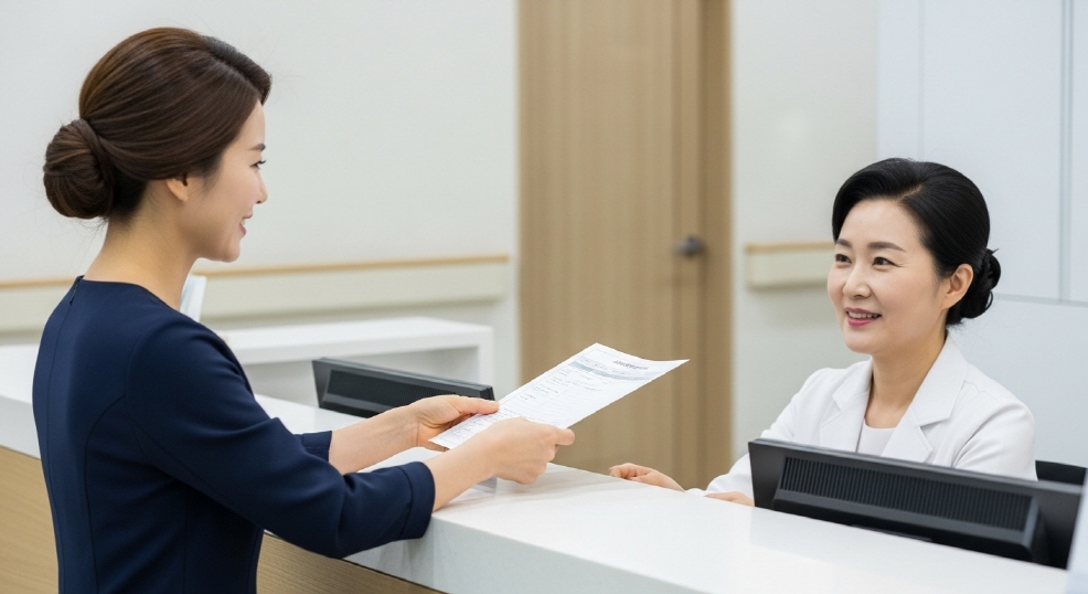 병원 접수창구에서 신청서를 건네는 여성