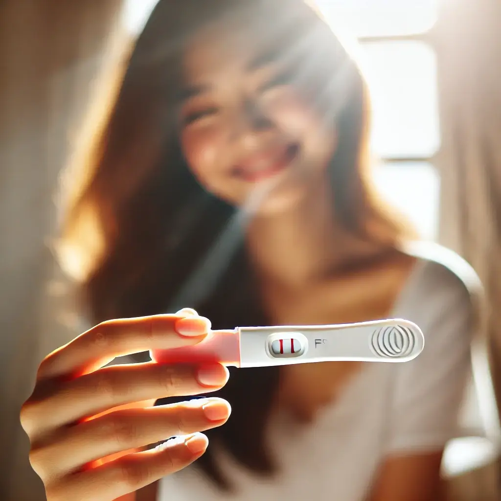 밝은 햇살 속에서 임신 테스트기를 든 여성의 손을 담은 따뜻한 이미지