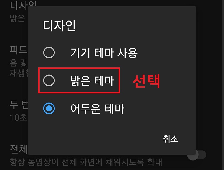 밝은 테마 선택함