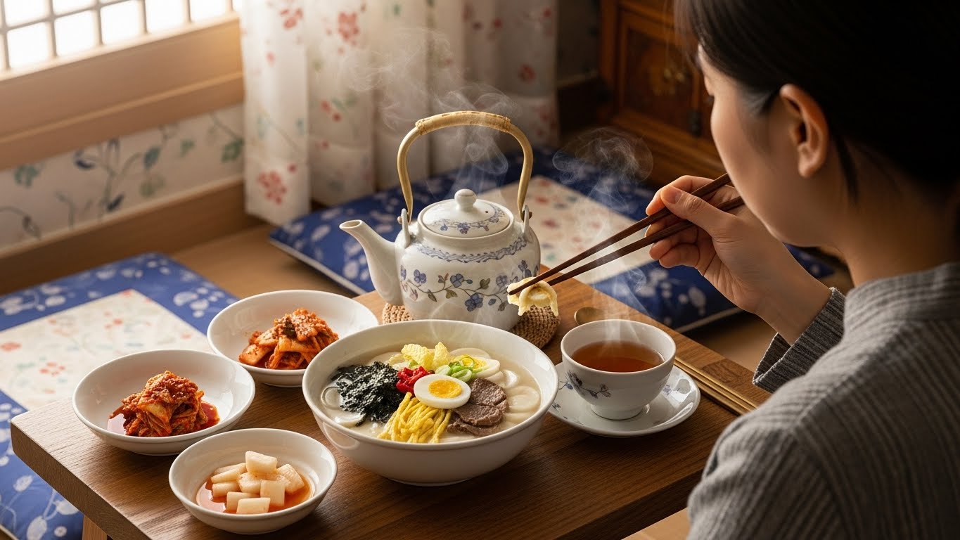 새해 첫날 먹는 떡국과 차 한잔을 하면서 복을 기원하는 모습