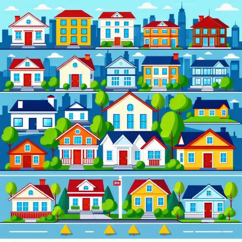 다양한 부동산 투자 유형(상업용, 주거용, 토지 등)을 보여주는 이미지. 각 유형에 대한 간단한 설명 포함