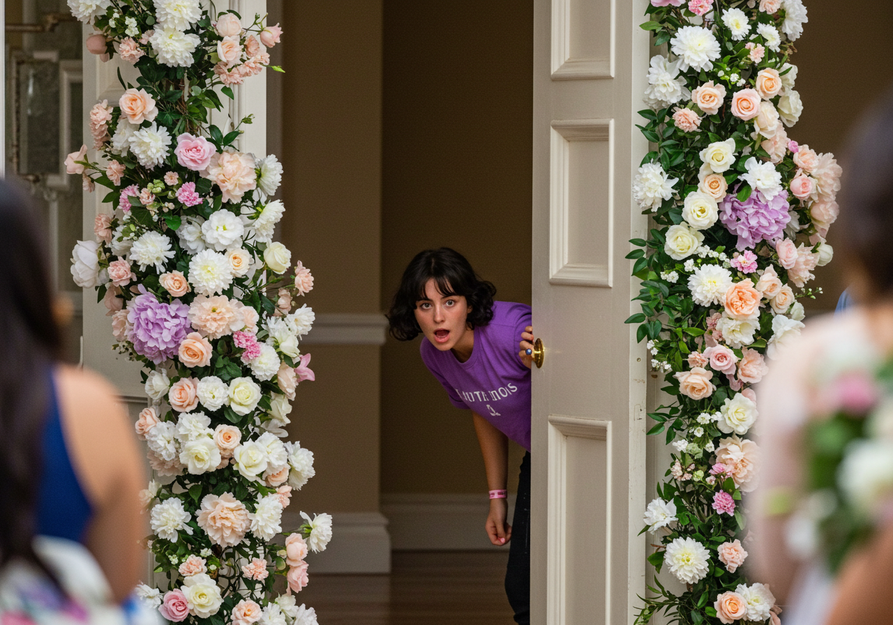 결혼식장에 초대받지 않고 몰래 들어가려는 사람과 사적 행사 표지판을 묘사한 일러스트