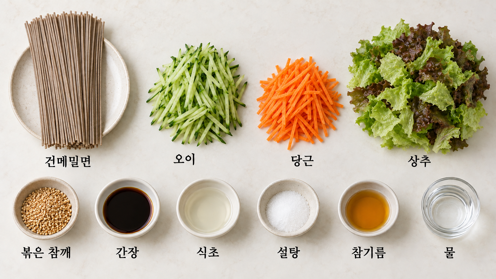 건메밀면 오이 당근 상추와 참깨 간장 식초 설탕 참기름 물을 표시한 재료 모음