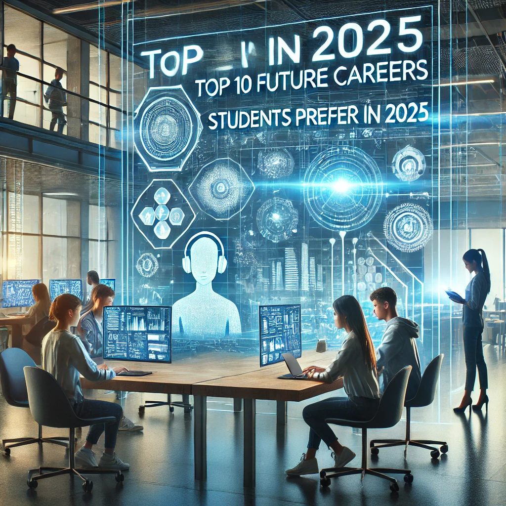 "2025년 학생들이 선호하는 미래 유망 직업 TOP 10: AI 개발자, 디지털 마케팅 전문가, UX/UI 디자이너, 콘텐츠 크리에이터가 하이테크 환경에서 일하는 모습"