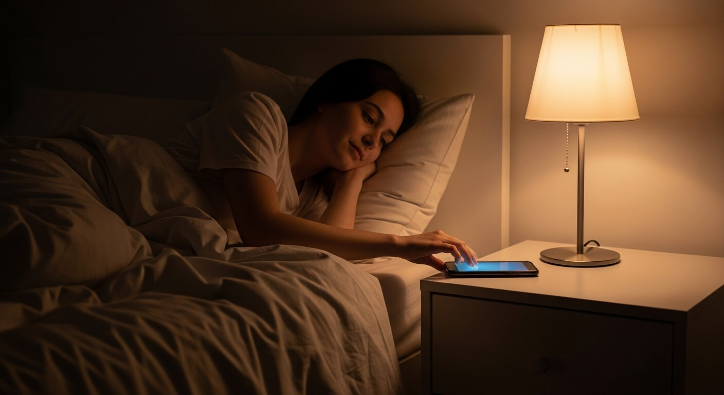잠들기 전 스마트폰 사용을 줄이고 수면 환경을 조절하는 모습