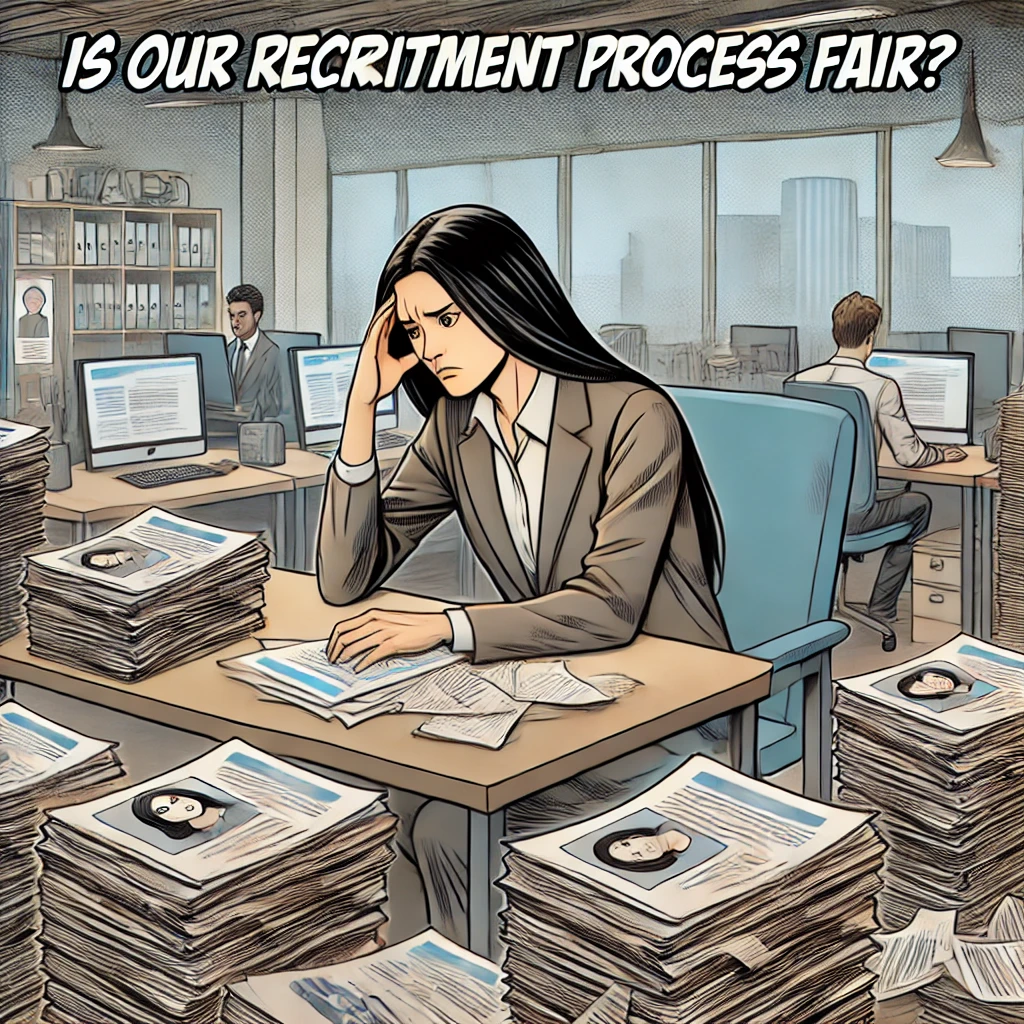 공정채용제도-스트레스받는 인사 담당자가 책상에 쌓인 이력서를 보고 고민하는 모습