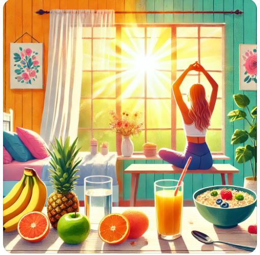 건강한 모닝루틴을 실천하고 있는 여성의 사진