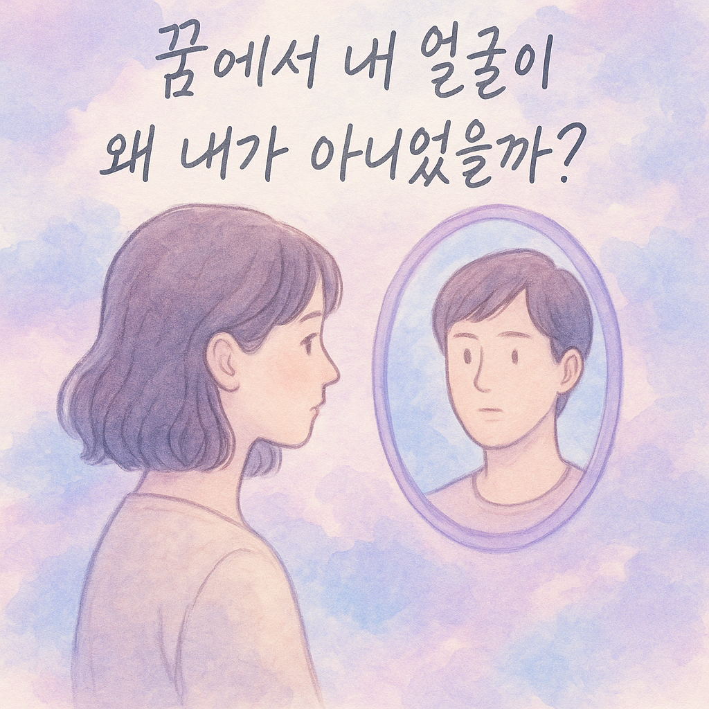 몽환적 파스텔톤 공간에서 인물이 거울 속 낯선 얼굴을 바라보는 듯한 장면