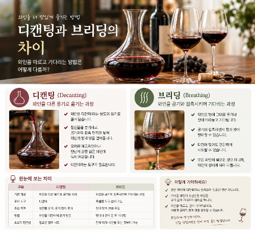 디캔팅과 브리딩의 차이, 와인을 따르고 기다리는 방법은 어떻게 다를까?
디캔팅과 브리딩의 차이, 와인을 따르고 기다리는 방법은 어떻게 다를까?
