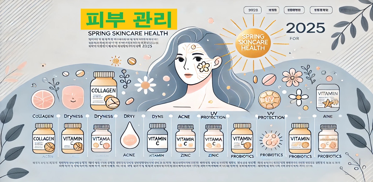 여성의 얼굴을 중심으로 한 봄철 피부 건강 관리 일러스트. 콜라겐, 비타민C, 프로바이오틱스 등 피부 영양제를 아이콘으로 표현