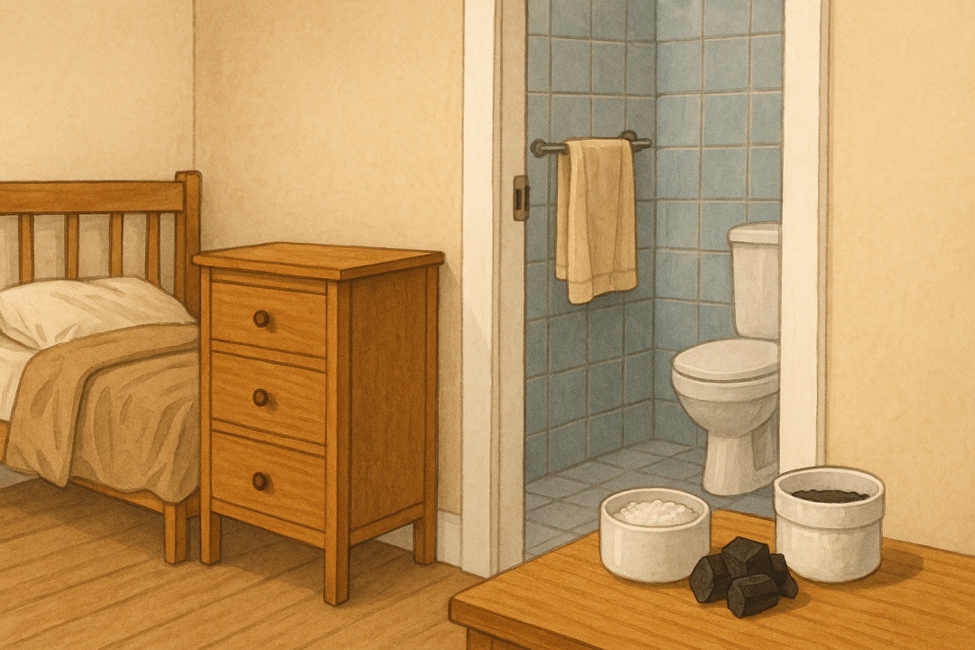 욕실과 침실이 연결된 공간에서 통풍을 고려해 벽과 떨어진 서랍장, 샤워 후 문이 열린 욕실 내부의 파란 타일과 수건, 바닥 위에는 숯과 천연 제습제가 담긴 그릇이 놓인 모습, 곰팡이 방지와 습기 관리가 강조된 정돈된 주거 공간