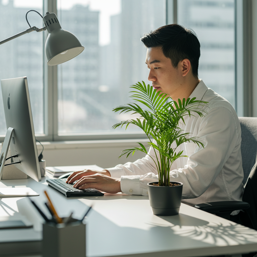 사무실 책상 한켠에 테이블야자가 놓여 있다.