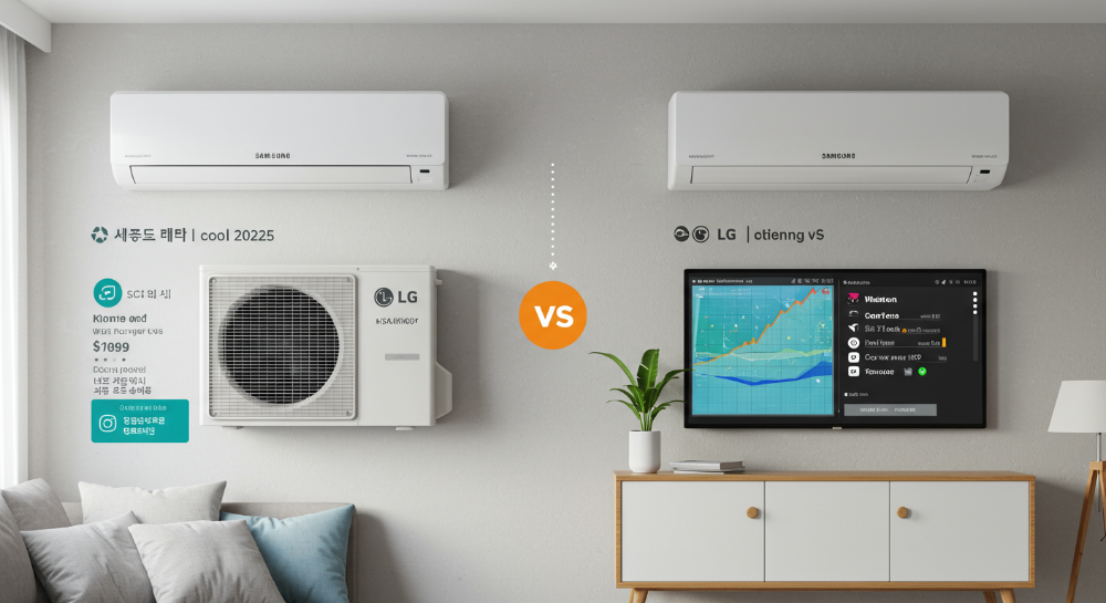 2025년 벽걸이 에어컨 구매 가이드: 삼성 무풍, LG 휘센 비교, 가격, 설치비, 전기세, 소음, A/S 정보 시각화