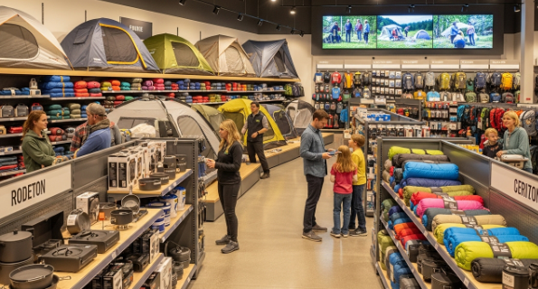 다양한 캠핑 장비들이 진열된 오프라인 매장에서 사람들이 쇼핑하는 모습