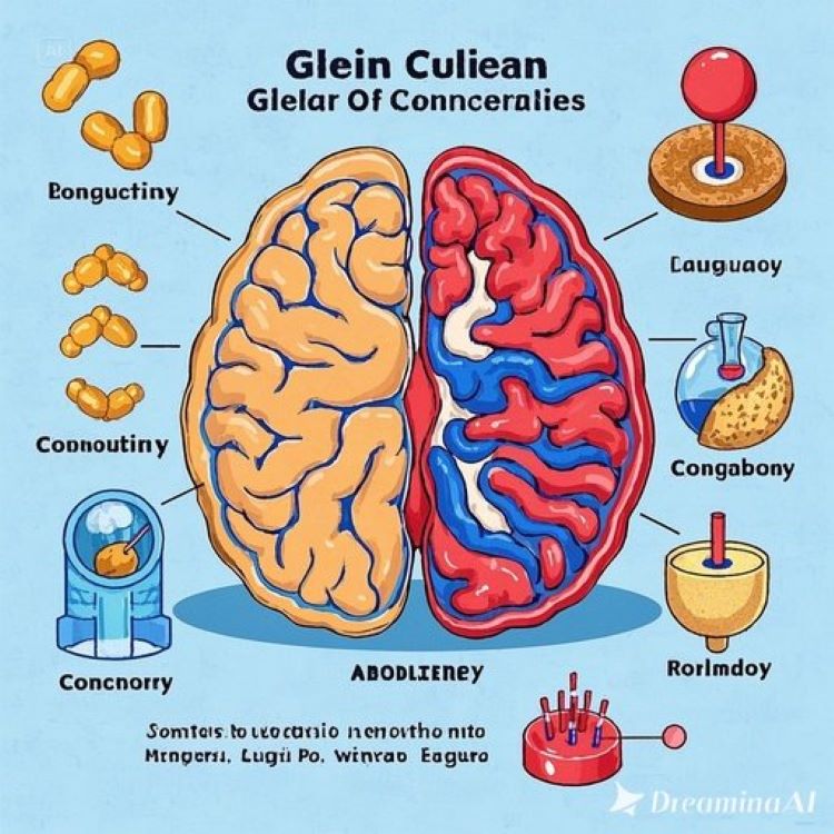 뇌의 단면도에서 정상적인 뇌 영역(밝은 색상)과 셀리악병으로 손상된 뇌 영역(어두운 색상)을 대비하여 보여주고, 주변에는 글루텐 분자들이 혈뇌장벽을 통과하여 뇌를 공격하는 모습과 인지기능 관련 아이콘들(기억, 집중, 언어 등)이 표시된 의학적 인포그래픽