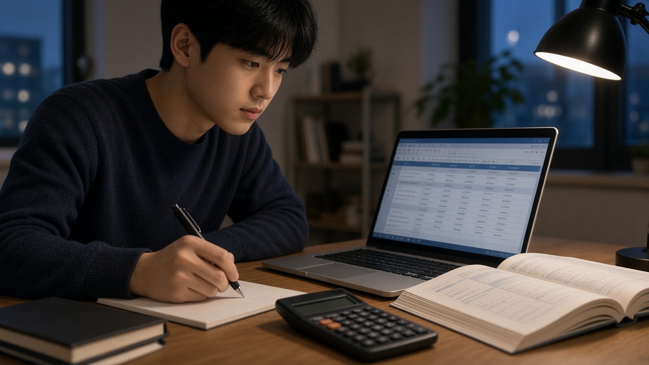 노트북 회계 프로그램 화면과 계산기, 교재를 펴 놓고 공부하는 취업 준비생