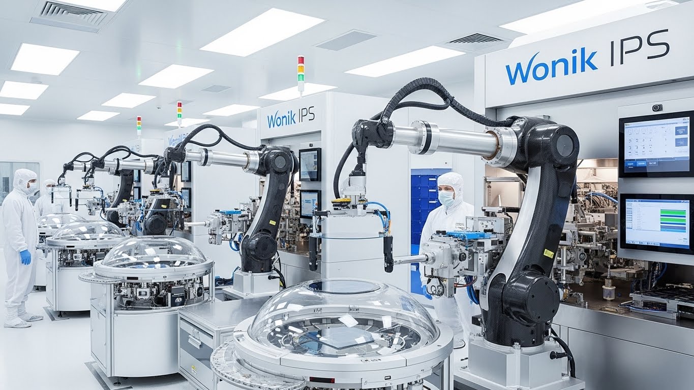 A clean, high-tech cleanroom scene with robotic arms (deposition equipment) working on wafers, representing Wonik IPS.