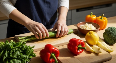 자연광 아래 채소와 과일을 정성껏 손질하는 모습