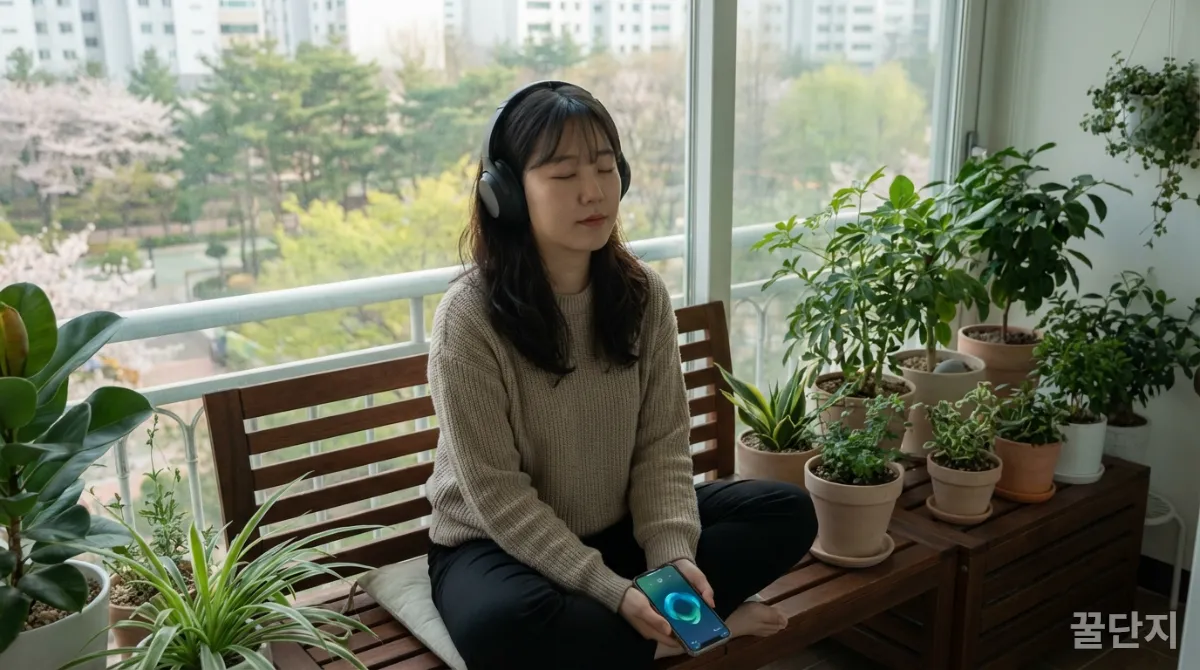 스마트폰 앱을 활용하여 명상이나 호흡 훈련으로 스트레스를 관리하는 모습