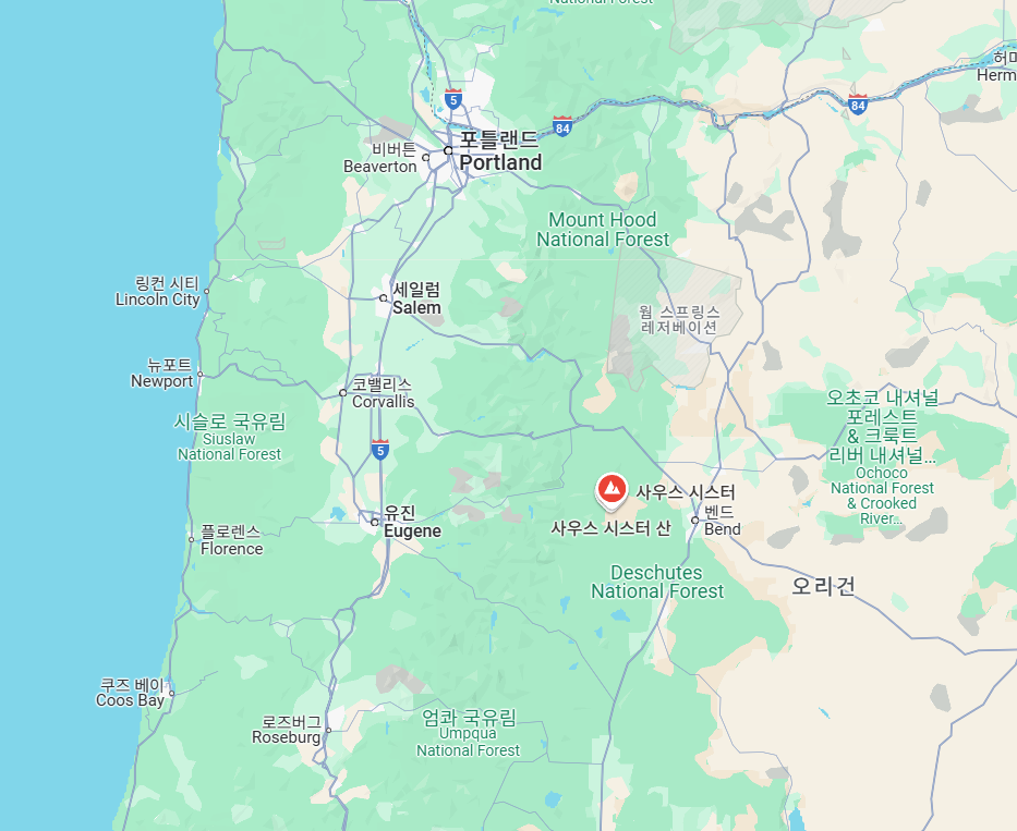 사우스 시스터 화산의 위치를 알 수 있는 지도