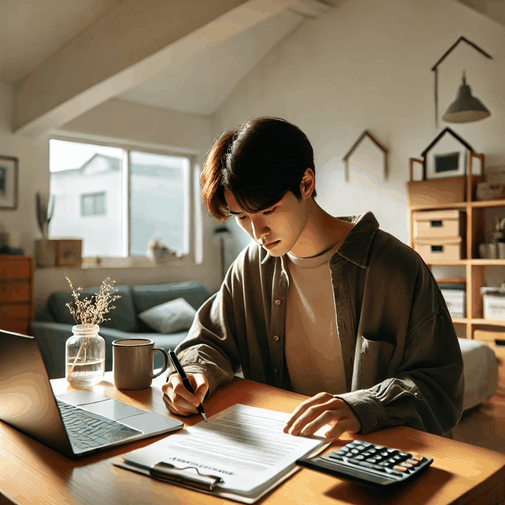 전월세 계약서를 신중히 검토하는 20대 한국 대학생의 현실적인 자취방 풍경