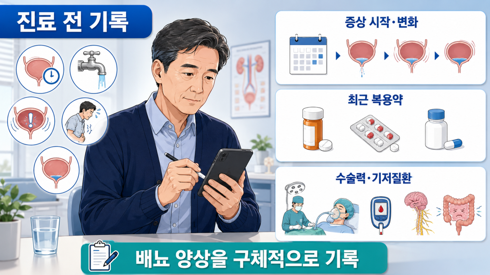 배뇨곤란 진료 전 증상 변화와 최근 복용약, 수술력&middot;기저질환 기록