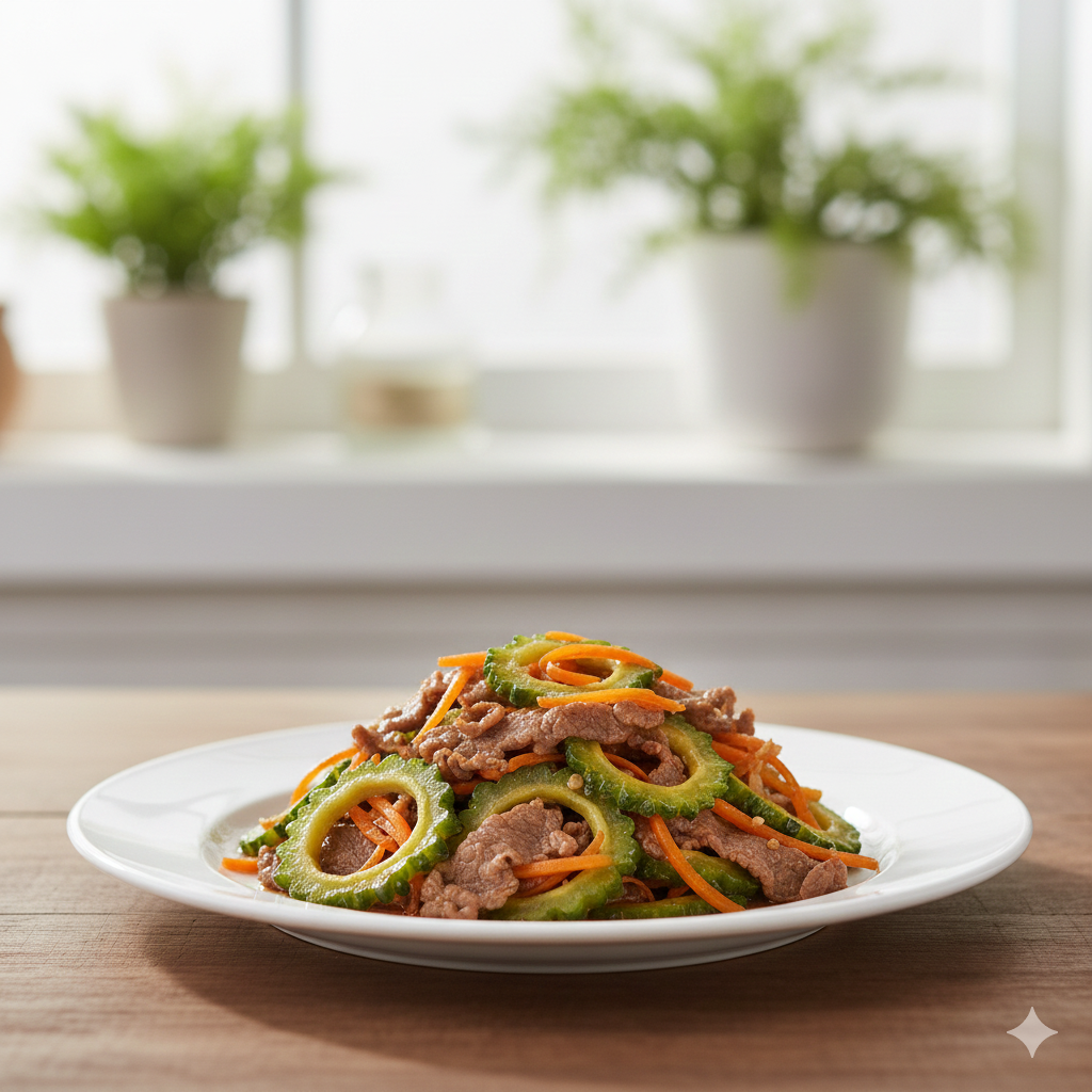 고기와 함께 볶아내어 윤기가 흐르는 고소하고 쌉싸름한 여주 볶음 요리