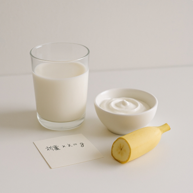 우유·요거트·바나나 반쪽이 놓여 있어 야간 단백질과 소량 탄수화물 조합을 보여준다.