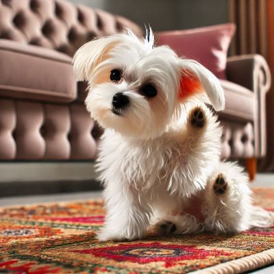 거실에서 작은 말티즈 반려견이 알러지 피부염으로 자신의 귀를 긁고 있다.