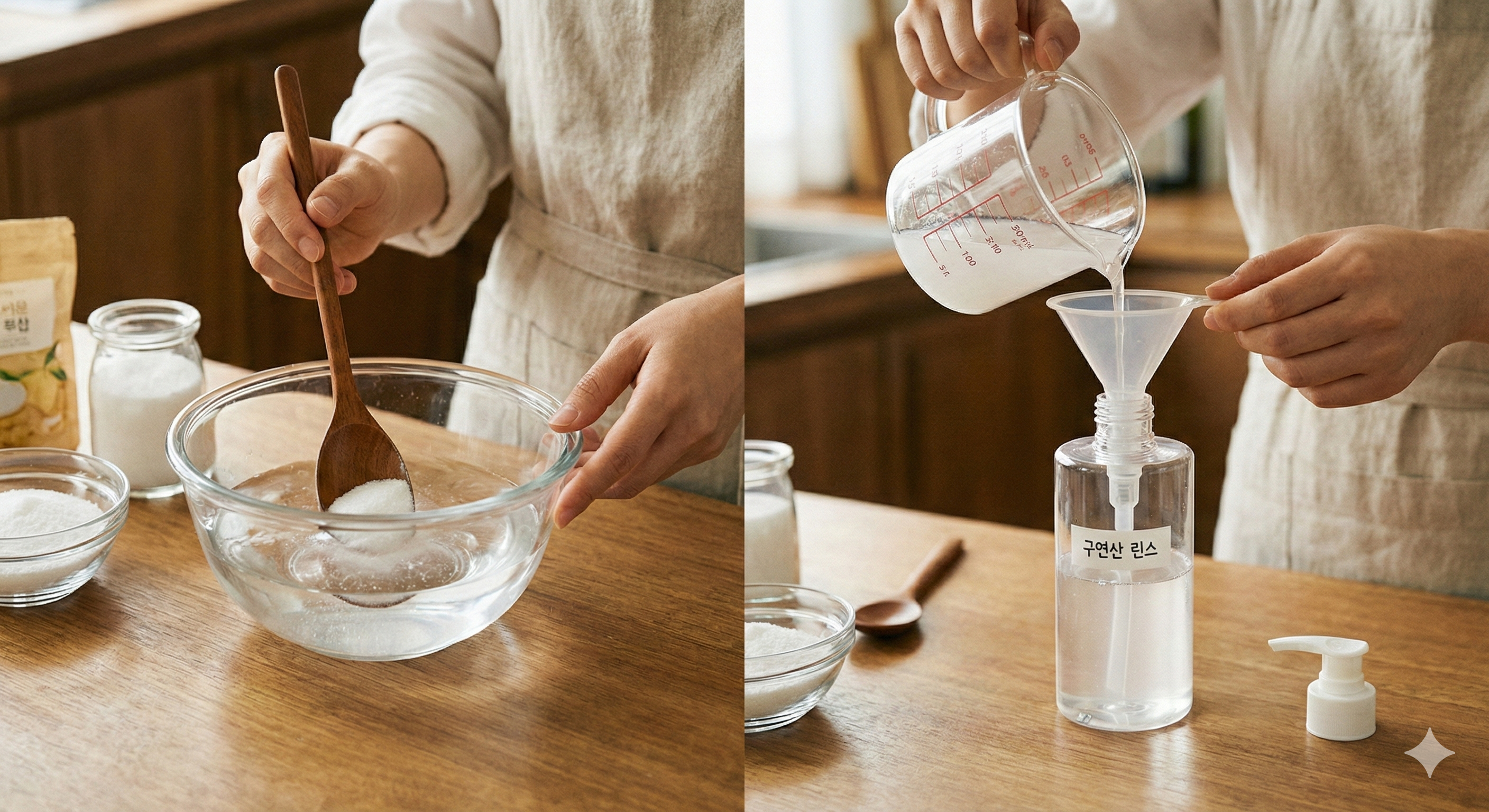 물과 구연산 가루를 섞어 펌프 용기에 담는 모습