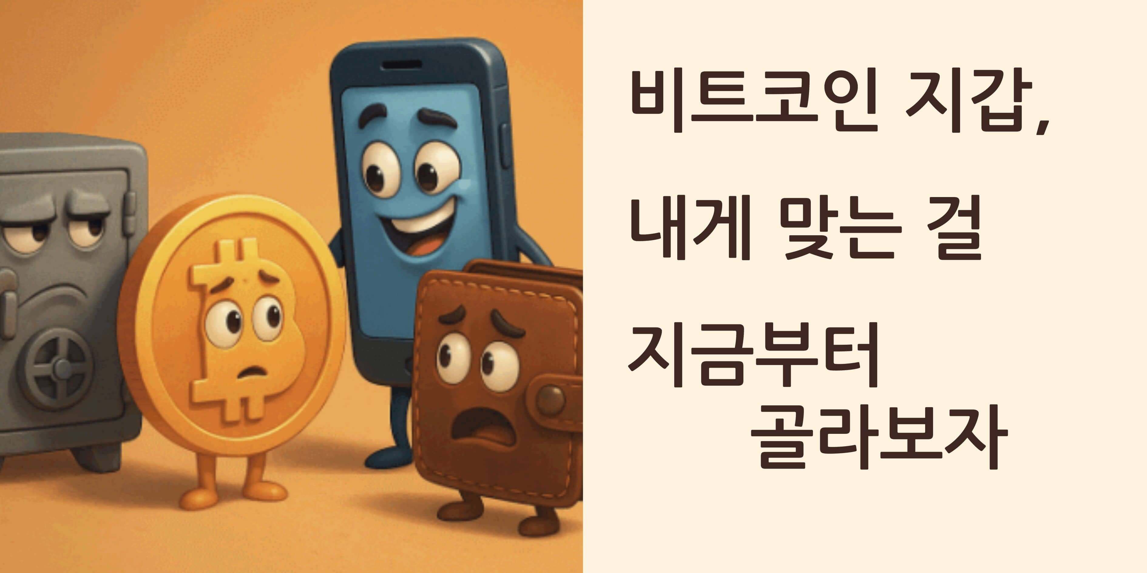 ’비트코인 지갑, 내게 맞는 걸 지금부터 골라보자’라는 문구가 포함된 블로그 대표 이미지. 하드웨어 지갑, 모바일 지갑, 웹 지갑을 의인화한 캐릭터들이 당황한 표정의 비트코인 캐릭터와 마주한 장면을 통해, 지갑 선택의 혼란스러움과 다양성을 유쾌하게 표현하며, 비트코인 지갑 선택 가이드를 소개함 (bitcoin wallet selection visual guide)