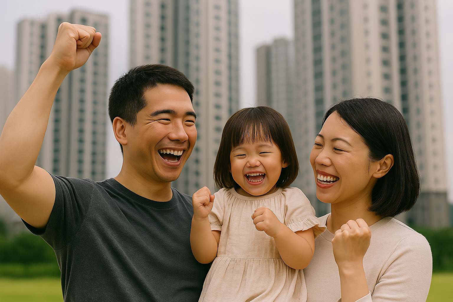힐스테이트 용인마크밸리 청약에 신혼특공으로 당첨된 가족이 생애최초 디딤돌대출을 떠올리며 기뻐하는 모습