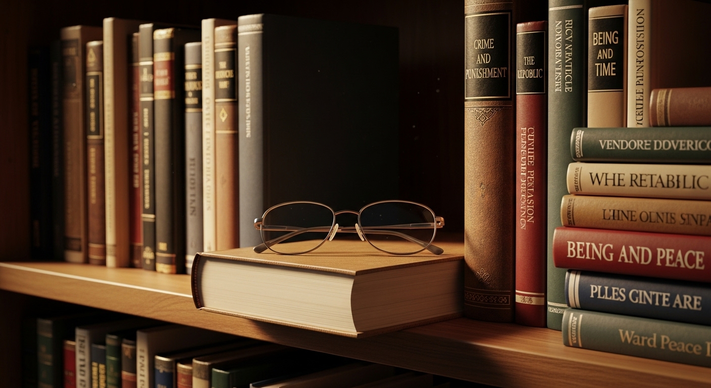 고전 책들로 가득 찬 책장에 놓인 독서 안경