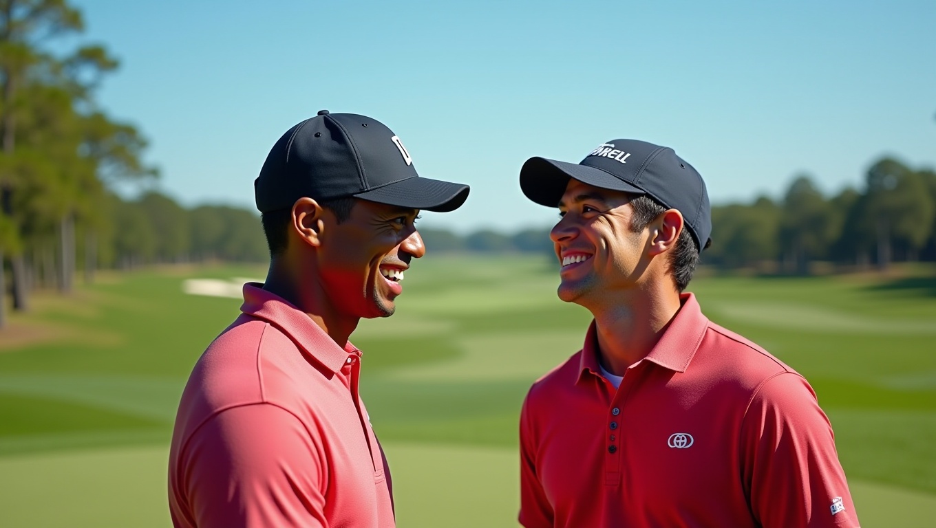 타이거 우즈와 로리 맥길로이가 서로 보면서 웃고 있다