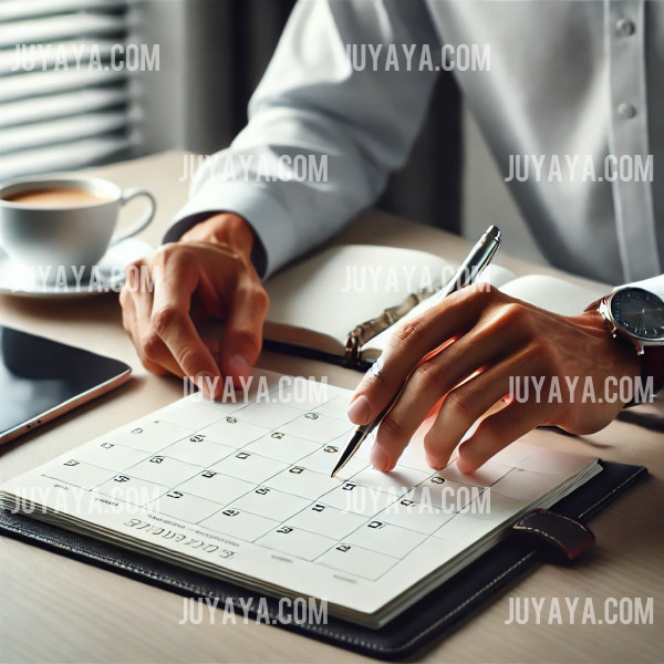 직장인이 플래너에 일정을 정리하는 모습. 시간 관리를 위해 캘린더와 노트를 활용하는 장면.