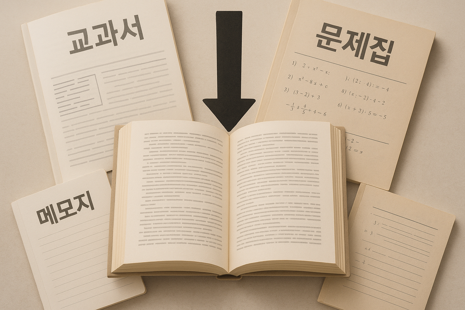 교과서, 문제집, 메모 등을 모아 한 권에 정리하는 사진