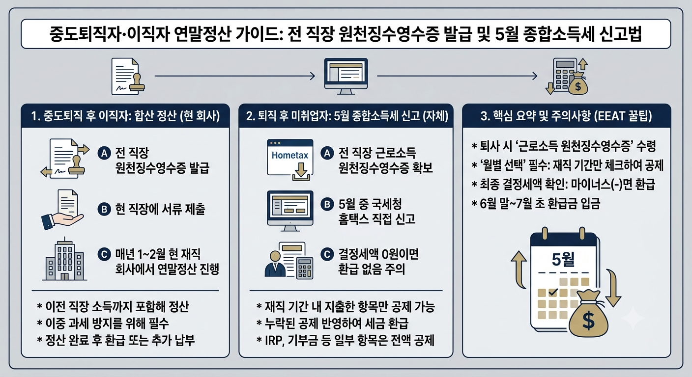 중도퇴직자와 이직자의 연말정산 및 5월 종합소득세 신고 절차 비교 인포그래픽