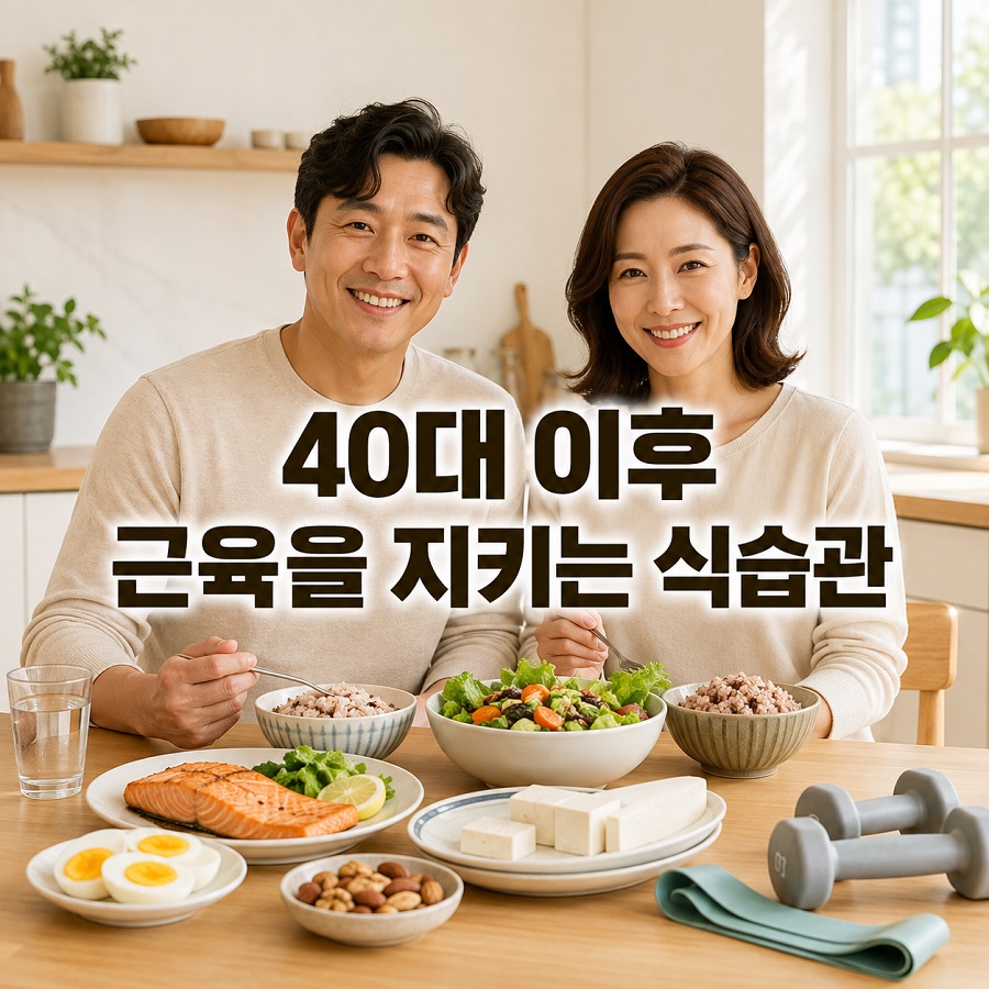 생선, 달걀, 두부, 잡곡밥, 채소가 놓여 있는 밝은 주방 식탁에 앉은 건강한 40대 부부.