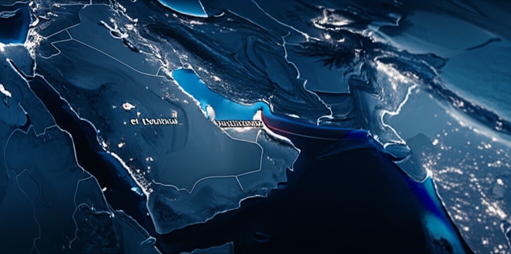 중동 지도와 호르무즈 해협이 강조된 글로벌 경제 위기 시네마틱 히어로 이미지