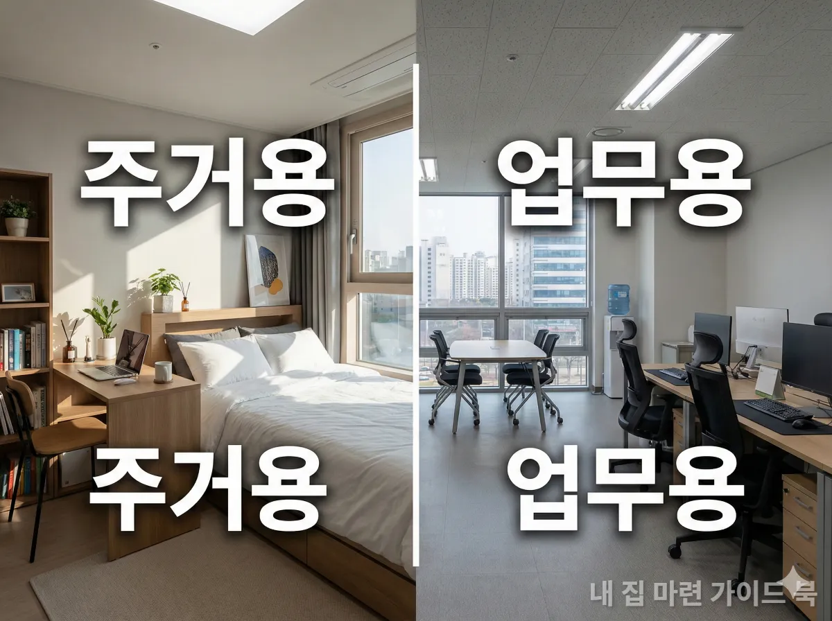 주거용 오피스텔과 업무용 사무실의 내부 인테리어를 비교하는 이미지